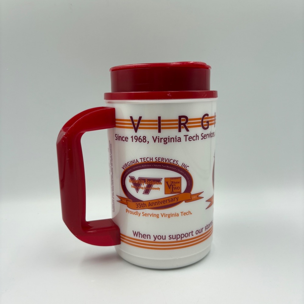 Whirley Virginia Tech 35th Anniversary Travel Mug Coca-Cola White Red Plastic